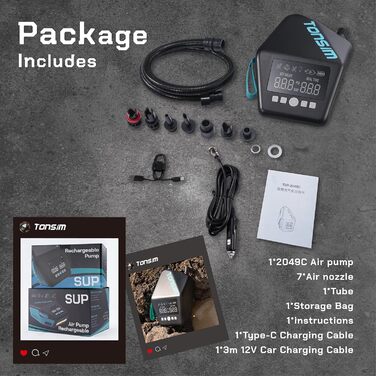 Електричний насос Tonsim Sup Pumpe 20 PSI для SUP-дощок, каяків та наметів з акумулятором та автопідключенням 12V