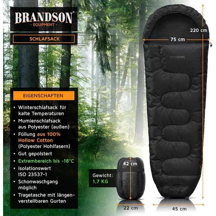Сплячий мішок Brandson Outdoor Extreme -18°C для дорослих та дітей, водонепроникний, дихаючий, для кемпінгу та подорожей