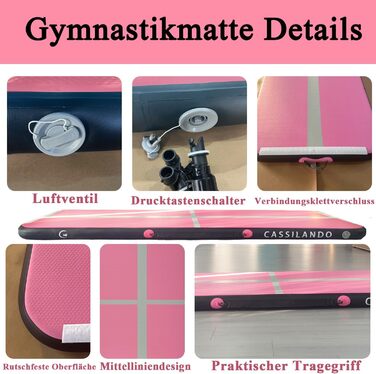 Гимнастичний надувний мат Airtrack CASSILANDO для тамблінгу та йоги, матовий, 400 x 100 x 10 см (Рожевий/Чорний) з насосом