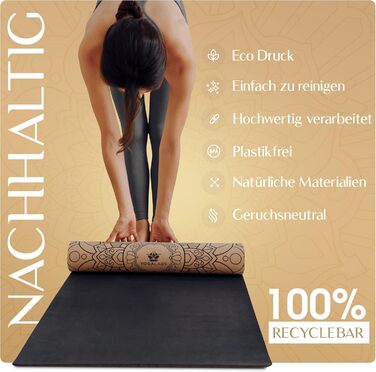 YOGALABS® Преміум 2-в-1 йога-мат із корка та натурального каучуку, 183×61×0,4 см, з ременем для перенесення, нековзкий, екологічний, для йоги, пілатесу та фітнесу, мандала