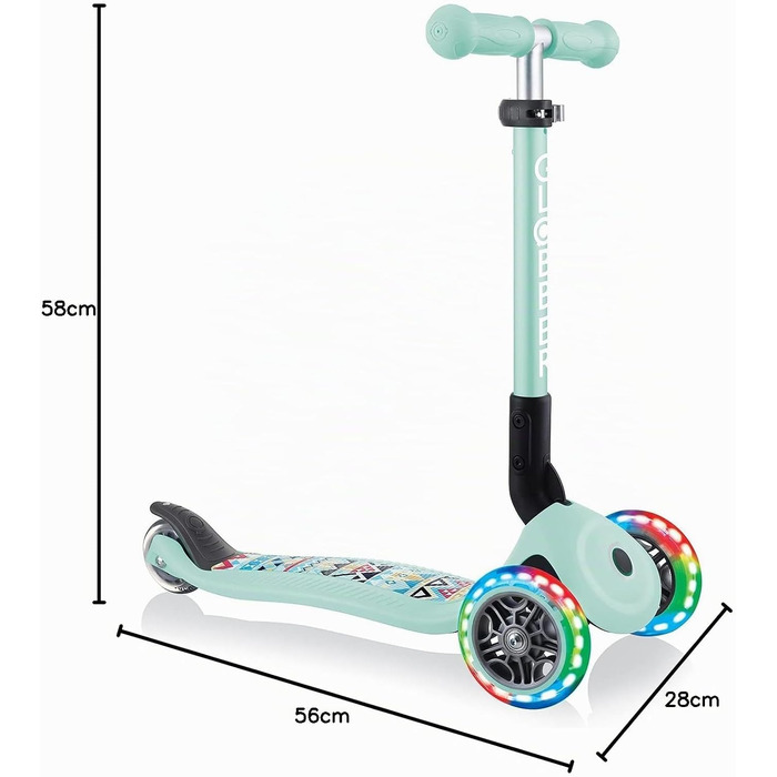 Самокат трьохколісний GLOBBER Junior Fantasy Lights складний, колеса 120/80 мм, ABEC 5, LED-підсвітка, м'ятний колір
