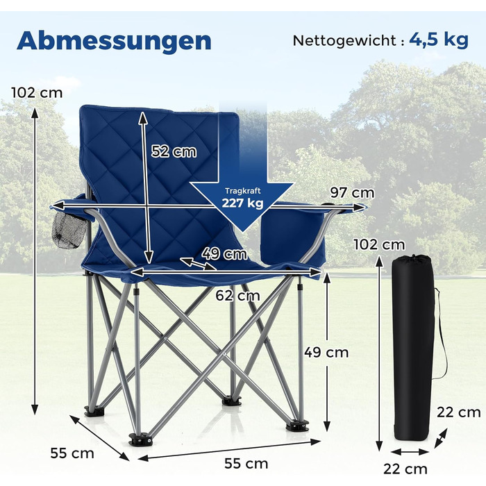Крісло для кемпінгу Costway XXL, 227 кг, з підлокітниками та кишенею для напоїв, для відпочинку на природі, риболовлі, дачі, пляжу (Navy)