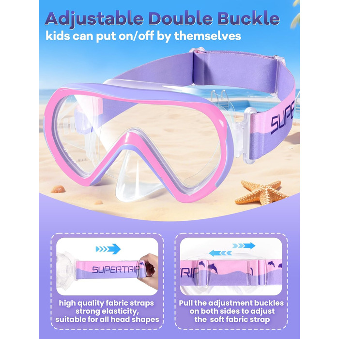 Дитяча маска для плавання та снорклінгу Supertrip, 6-14 років, скло, рожево-фіолетовий