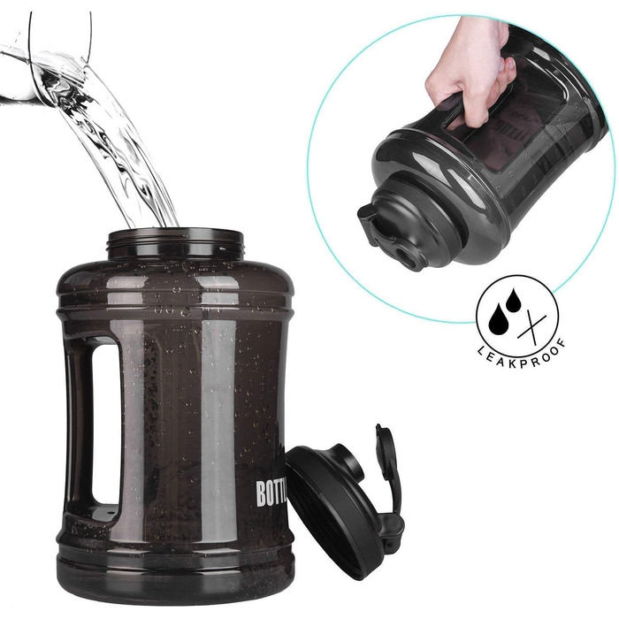 Спортивна пляшка для води VENNERLI 2,5 л з мірною шкалою та ручкою, чорна, витримує протікання, для фітнесу, спортзалу, офісу та дому