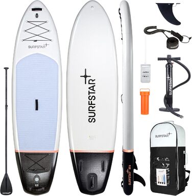 Надувний SUP Борд Surfstar з тримачем для камери, 320x84x15 см - Комплект для підлітків та дорослих з аксесуарами. Білий, алюмінієве весло