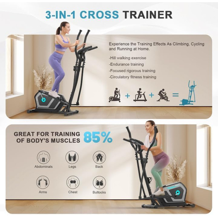 Еліптичний тренажер Crosstrainer 3-в-1 з LCD-монітором та Bluetooth, 16 рівнів опору, 6 кг маховик, до 130 кг, чорний