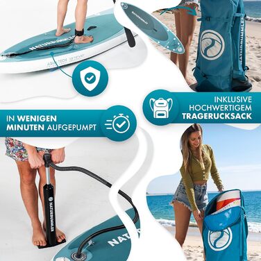 Надувна SUP-дошка Naturbummler 330x81x15 см, комплект для початківців і досвідчених, CO2-нейтральна, туркізова, німецький бренд
