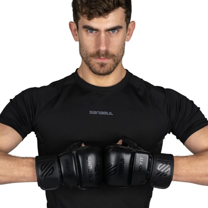 Рукавички для MMA Sanabul Essential 7oz | Тренувальні рукавички для змішаних єдиноборств | Гібридні спарингові рукавички (Чорні, S/M)