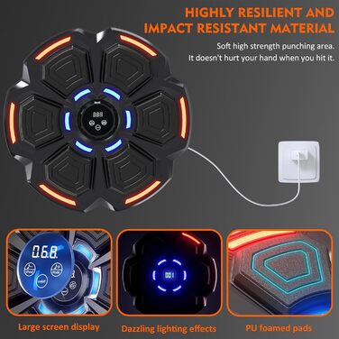 Музичний боксерський тренажер Snawowo для дорослих з LED підсвіткою та Bluetooth - Електронний боксерський тренажер з рукавичками, 9 режимів і режимом рахунку, чорний