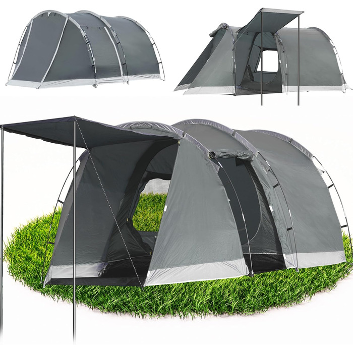 Намет для кемпінгу на 4 особи: водонепроникний тунельний намет для сім'ї та групи, з шатром для сну, сірий