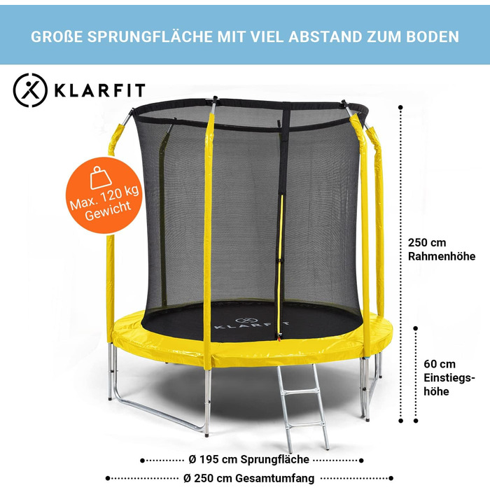 Трамплін Klarfit Jumpstarter для дітей, 250 см, жовтий: безпечний, з лебідкою та сіткою, для саду, фітнес, 5-9 років