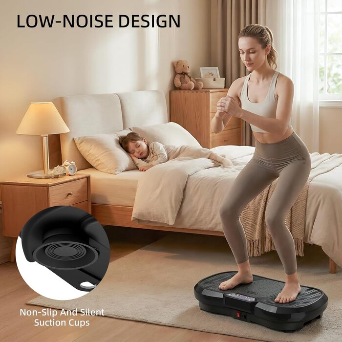 Вібраційна платформа TLGREEN з надтихим мотором, 120 рівнів + 10 програм тренувань, з пультом дистанційного керування, тренувальні гумки, для тренувань всього тіла, схуднення, L-59x34x13cm, чорний