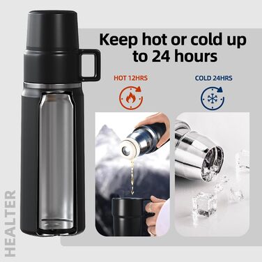 Термос Healter 850 мл з чашкою для кави, герметичний, BPA-free, нержавіюча сталь, для дітей, спорту, школи, фітнесу, кемпінгу, чорний