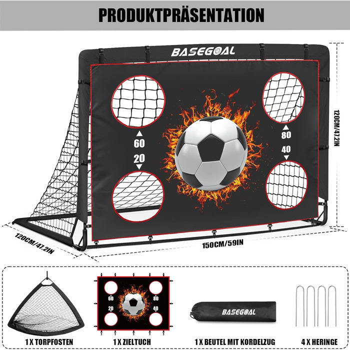 Дитячі футбольні ворота Klappbares Fußballtor 120x90 см та 150x120 см з мішком для транспортування та анкерами для кріплення - для саду, пляжу