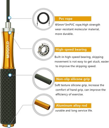Стрибкове канат для чоловіків, жінок, дітей – з подвійним кульковим підшипником, 360-градусним обертанням, металевою ручкою, силіконовим покриттям, регульований, 3 м, для фітнесу, схуднення (срібний)