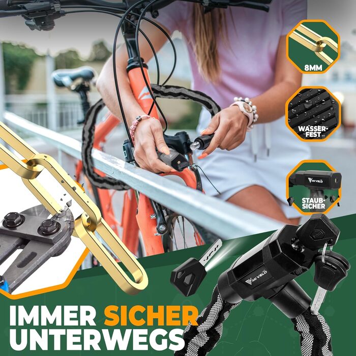 Замок для велосипеда MIVELO Kettenschloss: висока безпека, 100 см, сталь 8 мм, з ключем та LED-ліхтариком | Захист для E-bike, MTB, шосе