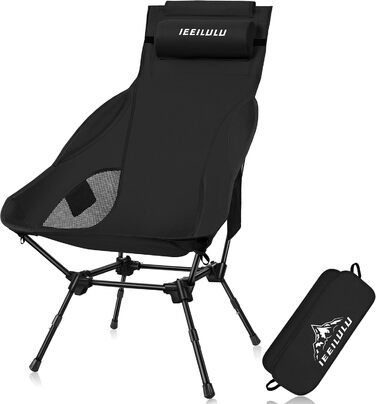 Складний туристичний стілець IEEILULU з високою спинкою, чорний. Макс. навантаження 130 кг, 2 кишені. Підходить для кемпінгу, риболовлі, пікніків та відпочинку на природі.