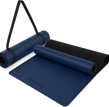 Йога мат YOGALABS® STUDIO: преміум килимок для йоги 185x68x0.4 см з ремінєм з ECO PU та натурального каучуку. Антиковзка поверхня, для гімнастики та пілатесу, 100% екологічний, без шкідливих речовин (Блакитний)