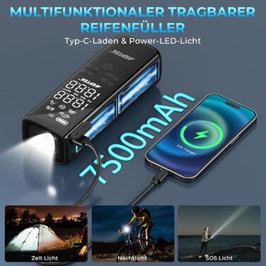 AGPTEK електричний насос-компресор 150PSI 75000mAh 12В з LCD-дисплеєм, LED-підсвіткою, для шин авто, велосипедів, мотоциклів і м'ячів