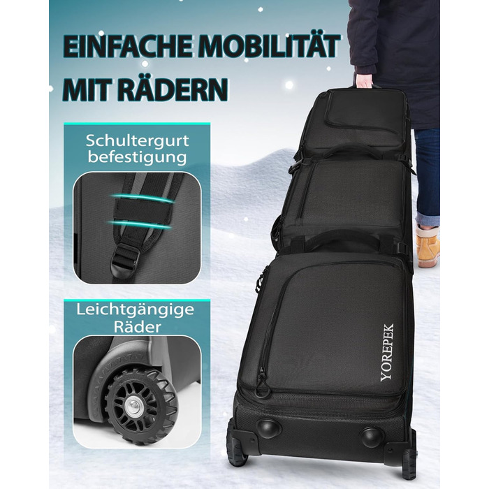 Чохол для сноуборду YOREPEK на колесах, водонепроникний, з кишенями для черевиків, розширюваний, 170 см, для 2 пар лиж/сноуборду, чорний