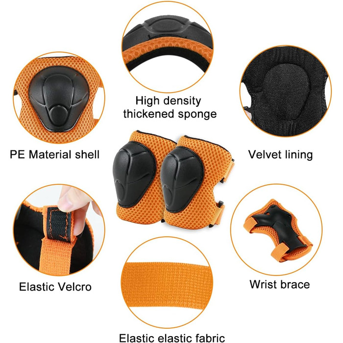 Набір наколінників Kinder 6 в 1: захист для колін, ліктів та зап'ясть. Підходить для скейтбордингу, роликів, самокатів та велосипедів (помаранчевий)