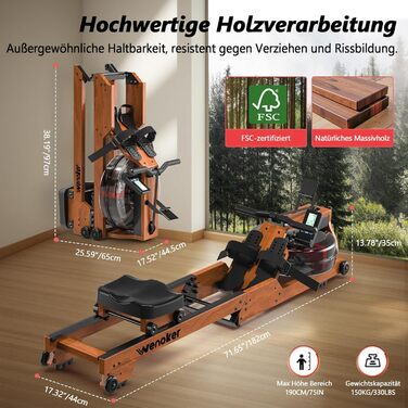 Гребний тренажер Wenoker для дому з дерева, складаний, з Bluetooth, комфортне сидіння, подвійні направляючі, до 150 кг, натуральний дуб