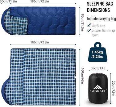 Спальний мішок Forceatt 3-4 сезони, -5°C, фланель та поліестер, для дорослих, водонепроникний, теплий, для кемпінгу, відпочинку на природі та холодних умов. 10°-Морська хвиля