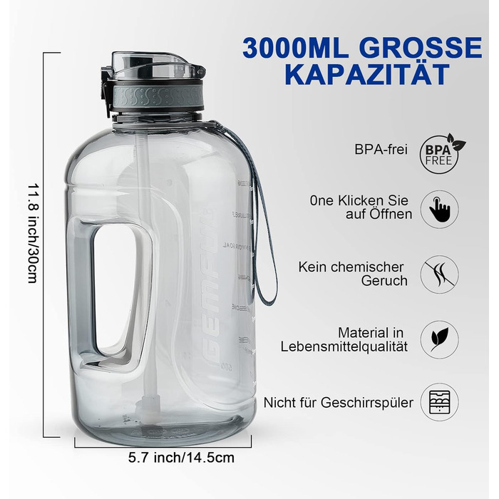 Пляшка спортивна GEMFUL 3л з мітками часу, соломинкою та ручкою, сіра. BPA-free, герметична, для фітнесу, тренувань та активного зволоження