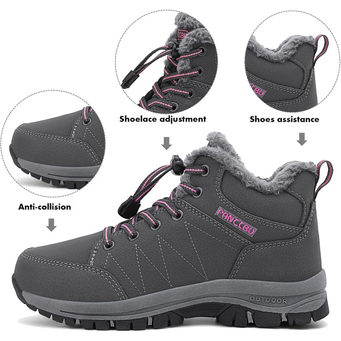 Жіночі зимові чоботи - тепла підкладка, водонепроникність, трекінгові та похідні черевики, зимові короткі чоботи, Outdoor боти (Сірий, 38.5 EU)