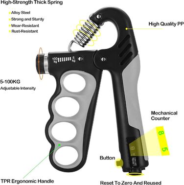 Регульований ручний тренажер для зміцнення рук та пальців, 5-100 кг, сірий, для тренувань