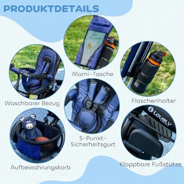 Триколісний велосипед HOMCOM 6-в-1 з батьківською ручкою для дітей 1-5 років (25 кг), з реверсом, кошиком, тримачем для пляшки та сонцезахисним дахом (Темно-синій)