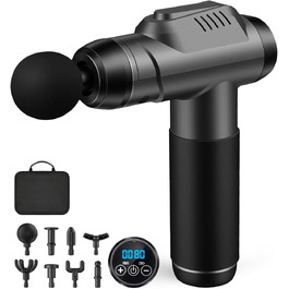 Масажер для м'язів, пістолет для масажу з 99 швидкостями та 8 насадок, до 9800U/min, амплітуда 14 мм, LED-дисплей, 35 dB, для розслаблення спини та плечей, чорний
