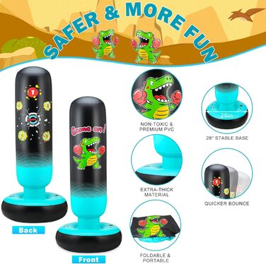 Дитячий боксерський мішок з боксерськими рукавичками та насосом, 165 см, стабільний динозавр та мішень, 2 в 1, надувний боксерський мішок для дітей, комплект для тренувань, подарунок для хлопчиків та дівчаток 3-12 років