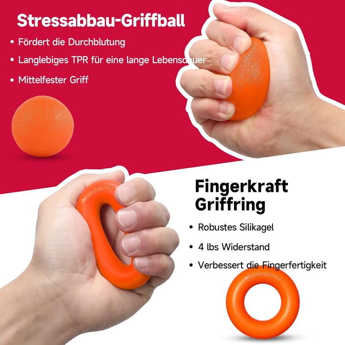 FitBeast Набір для тренування рук (5 шт.): підручник для підручника, підручник для підручника, м'ячик для захоплення, м'ячик для зняття стресу для спортсменів (Помаранчевий)