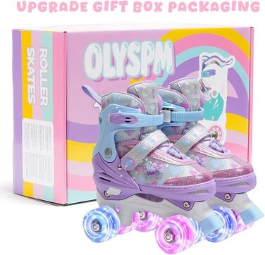 Ролики для дітей дівчаток з блискучими сердечками та світлодіодними колесами, 4-разово регульовані, ролики для початківців, ідеальний подарунок на день народження або Різдво, фіолетовий