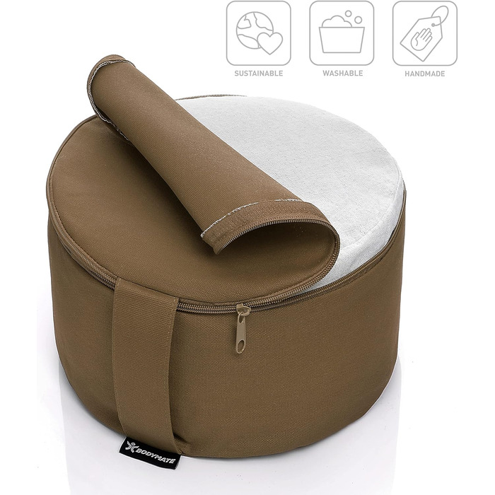 Подушка для йоги та медитації BODYMATE кругла 31 см, шоколадного кольору, з гречаним лушпинням, бавовняний чохол