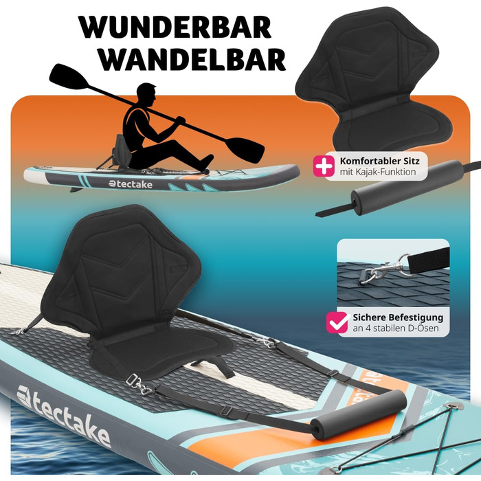 Надувна SUP-дошка tectake® з насосом, сидінням, веслом, фіннами, рюкзаком, до 200 кг, для водного спорту та падлінгу
