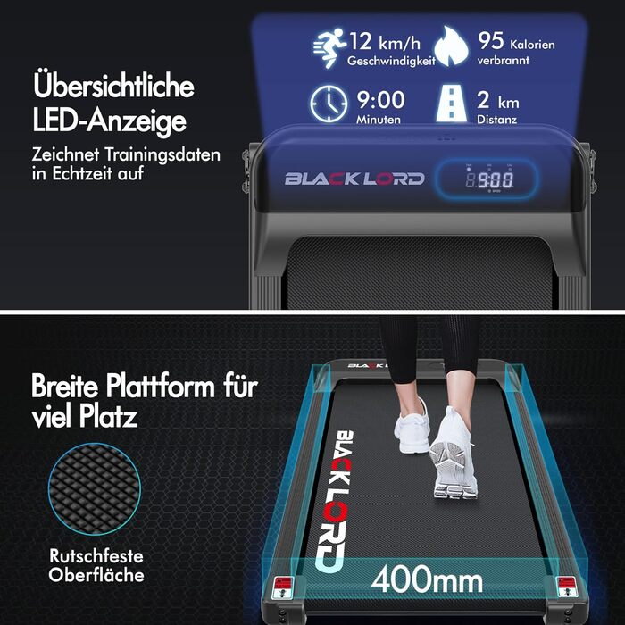 Walkingpad Laufband BLACK LORD MS2: біговий доріжки, 9-16 км/год, регулювання нахилу до 9%, 2.2-3.2 PS, до 140 кг, портативний, тихий, LED-дисплей, додаток, для дому та офісу, біг, фітнес-машина (чорний)