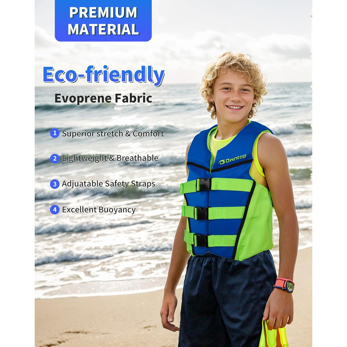 Owntop Світлова жилетка для дітей та підлітків, регульована, з трьохточковим ременем безпеки, легка, для каякінгу, плавання, риболовлі та снорклінгу (Блакитна, M)