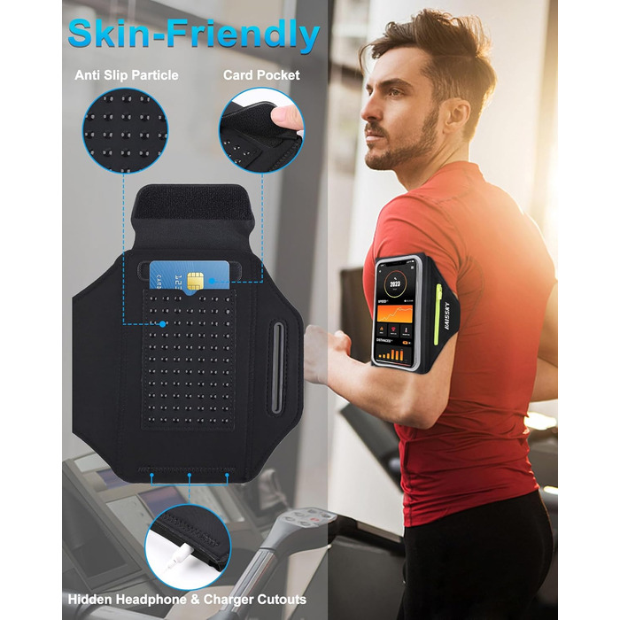Сумка для телефону на руку для бігу з кишенькою для навушників, ремінець для iPhone 17 16 15 14 13 12 11 Pro Max Galaxy S24 S23 Ultra, чорний (до 6,8 дюймів)