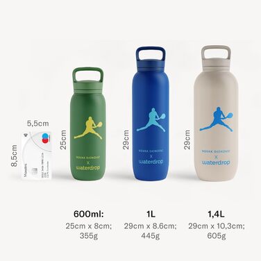 Термос пляшка waterdrop MICRODRINK x Novak Djokovic 600 мл, ізольована сталева пляшка для напоїв, 24 год холоду, 12 год тепла, герметична та ударостійка