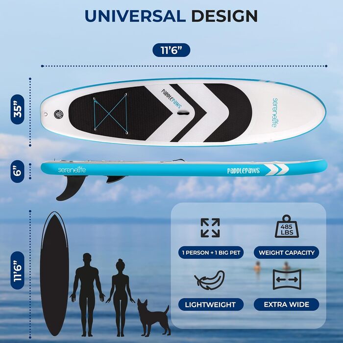 Надувний SUP-борд SereneLife 350x89 см для дорослих та з домашніми тваринами, комплект для сплаву на озері, річці та для сім'ї