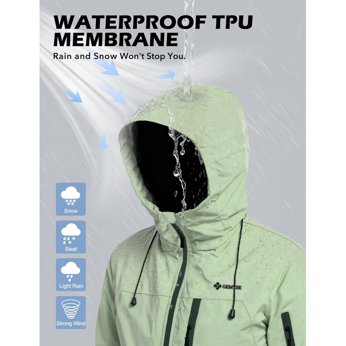 Жіноча лижна куртка GEMYSE з інтегрованими лямками. Тепла зимова куртка, водонепроникна, вітронепроникна та дихаюча. Снігова куртка для активного відпочинку на природі. Колір: світло-зелений.
