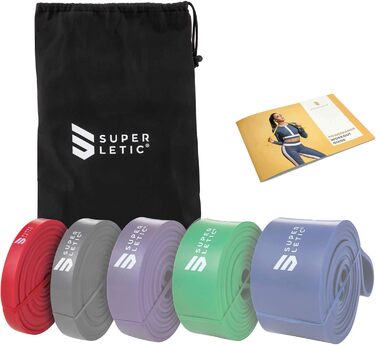 SUPERLETIC Powerbands – фітнес-резинки для тренувань, 5 рівнів опору, для підтягувань, силових і функціональних вправ, з посібником