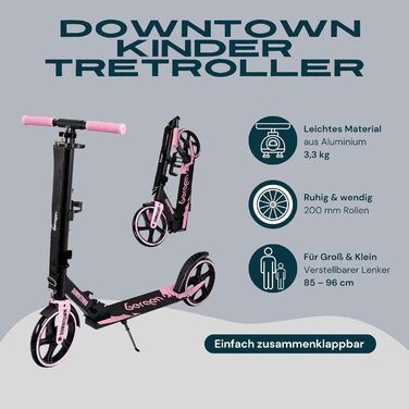 Самокат міський Bergen City Scooter Downtown, алюмінієвий, складаний, 3.3 кг, колеса 200 мм, регульована висота, для дітей від 6 років, підлітків та дорослих до 100 кг, чорний/рожевий