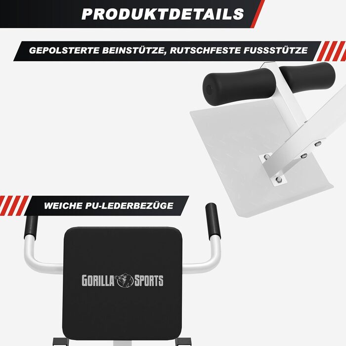 Рік-тренажер GORILLA SPORTS® з регулюванням, до 120 кг, з фіксацією ніг, чорний/білий. Для тренування спини, пресу та м'язів кора. Ідеально для дому.