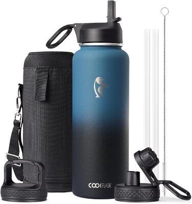 Термос-пляшка Coolflask 1180 мл з трубочкою та 3 кришками, ізольована металева пляшка для води, спорт або офіс, подвійна вакуумна ізоляція, легко миється, індиго-чорна