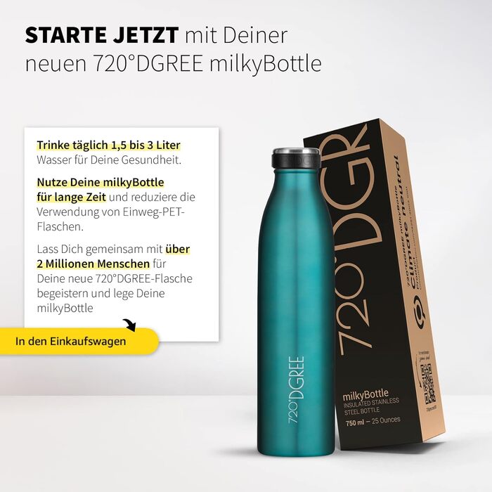 Термос-термобутилка 720°DGREE milkyBottle 750 мл, нержавіюча сталь, без BPA, герметична, для газованих напоїв, спорту, школи, фітнесу, кемпінгу, синя