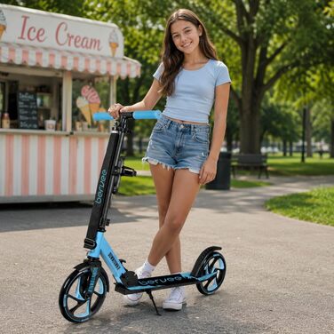 Самокат міський Bergеn City Downtown: складаний, легкий (3,3 кг), алюмінієвий, колеса 200 мм, регульована висота, для дітей від 6 років, підлітків та дорослих (до 100 кг), чорно-синій