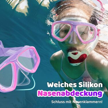 Дитячі окуляри для плавання Vvinca з захистом носа та м'яким ремінцем, безпечні, проти запотівання та водонепроникні, 3-14 років (01-Purple Pink)